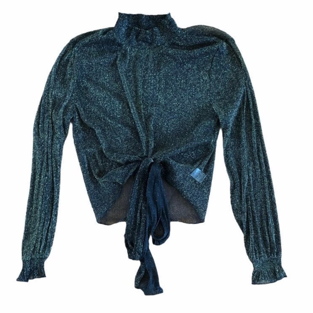 Black Gold Mesh Long Sleeve Tied Blouse - Picture 3 of 8